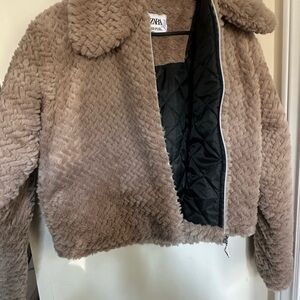 ZARA Beige Taupe Teddy Faux-Fur Zip Jacket